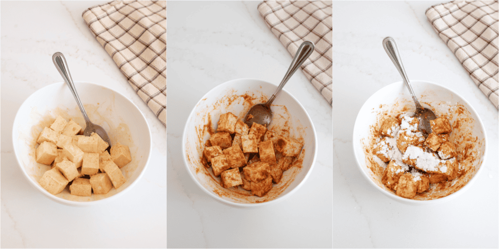 Some of the steps to making crispy tofu. Gently toss the tofu in the oil. Combine the salt, garlic powder, onion powder, smoked paprika, and ground cayenne pepper. Sprinkle it over the tofu and toss gently to coat. Let it rest for a few minutes. Sprinkle with cornstarch and toss to coat.