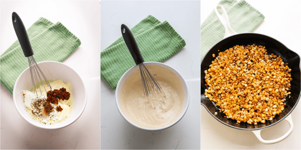 Some of the steps to making street corn pasta salad. Whisk the chipotle lime dressing together in a medium bowl. Blacken the corn in a large cast-iron skillet.