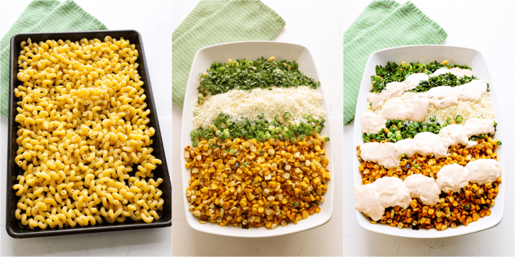 Some of the steps to making street corn salad. Cook the pasta al dente, according to package insructions and drain well. 
Combine the pasta, corn, green onions, jalapeno, cilantro, and cotija cheese in a large serving bowl. Pour the dressing over the top and toss to coat.