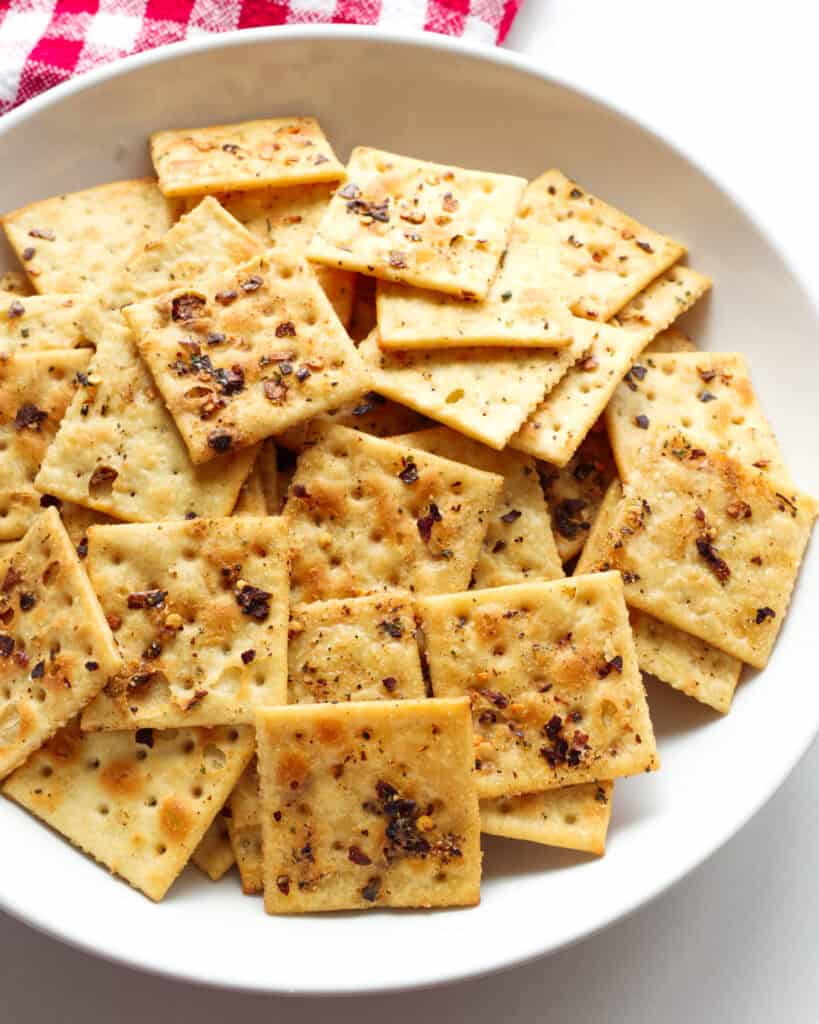 A close up view of Alabama Fire Crackers in a white serving bowl. 