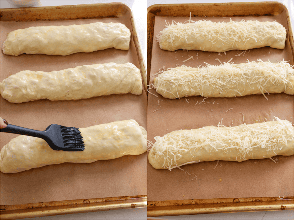 Some of the steps to making Coscto chicken bake. Brush them with egg wash, and sprinkle with Parmesan cheese. 