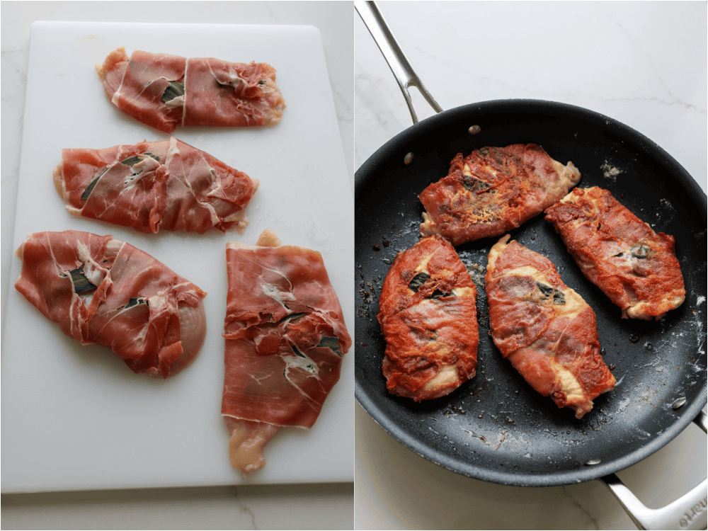 Some of the steps to making chicken saltmibocca. Place two sage leaves on each chicken cutlet. Wrap each chicken cutlet in prosciutto. Dredge the chicken breasts in flour, coating both sides. Heat a little olive oil and melt a little butter in a large skillet over medium heat. Cook until golden brown and cooked through.