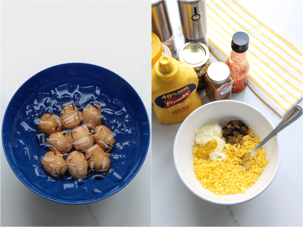 How to make southern deviled eggs. Plunge the cooked eggs into an ice bath. Stir in the mayo, mustard, pickle relish, and hot sauce.