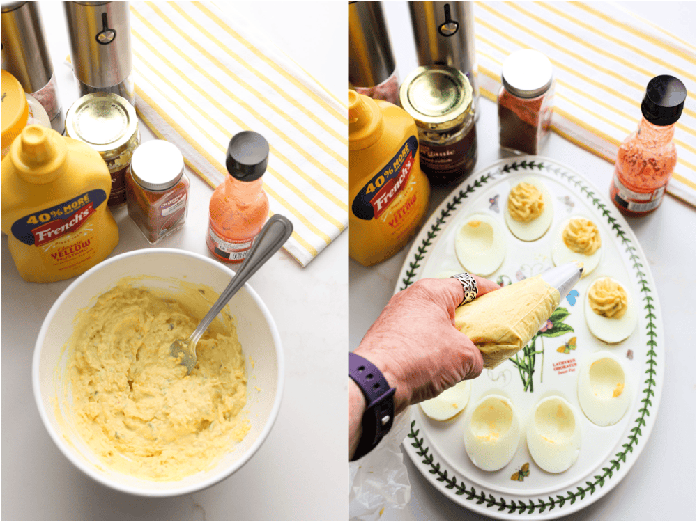 How to make southern deviled eggs. Blend well and season with salt and freshly ground black pepper to taste. Pipe or spoon the yolk mixture into the eggs. 