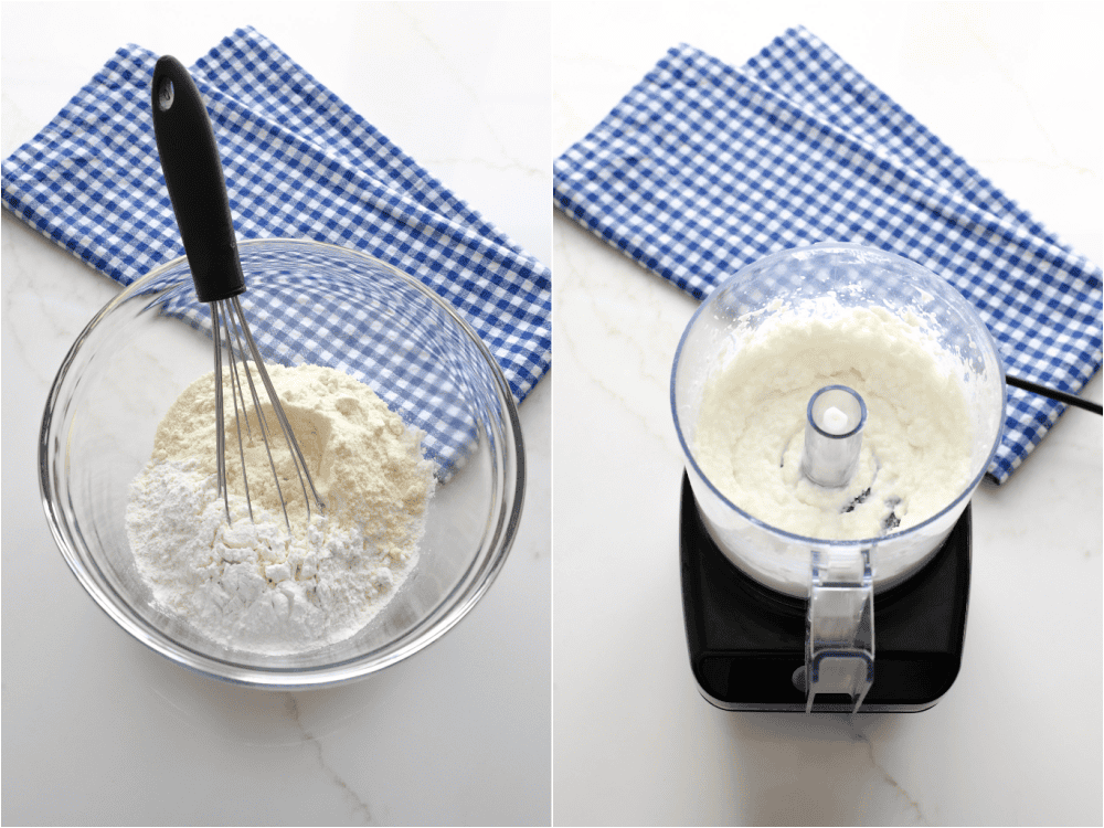 How to make protein pancakes. Whisk the flour, baking powder, and protein powder. Make a well in the middle. Pulse the cottage cheese in a mini food processor. You can add a little milk if you need to pulse it.