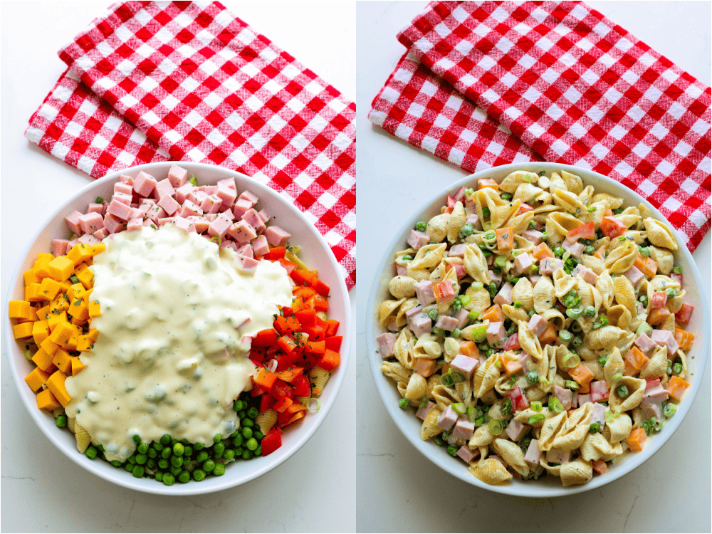 Some of the steps to making ham pasta salad. Drizzle with the dressing and toss to coat. Sprinkle with fresh herbs. 