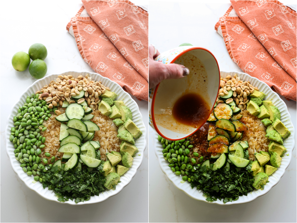 Some of the steps to make crispy rice salad. Combine the crispy rice, cabbage, cucumber, edamame, avocado, peanuts, and cilantro. Drizzle with dressing and toss to coat.
