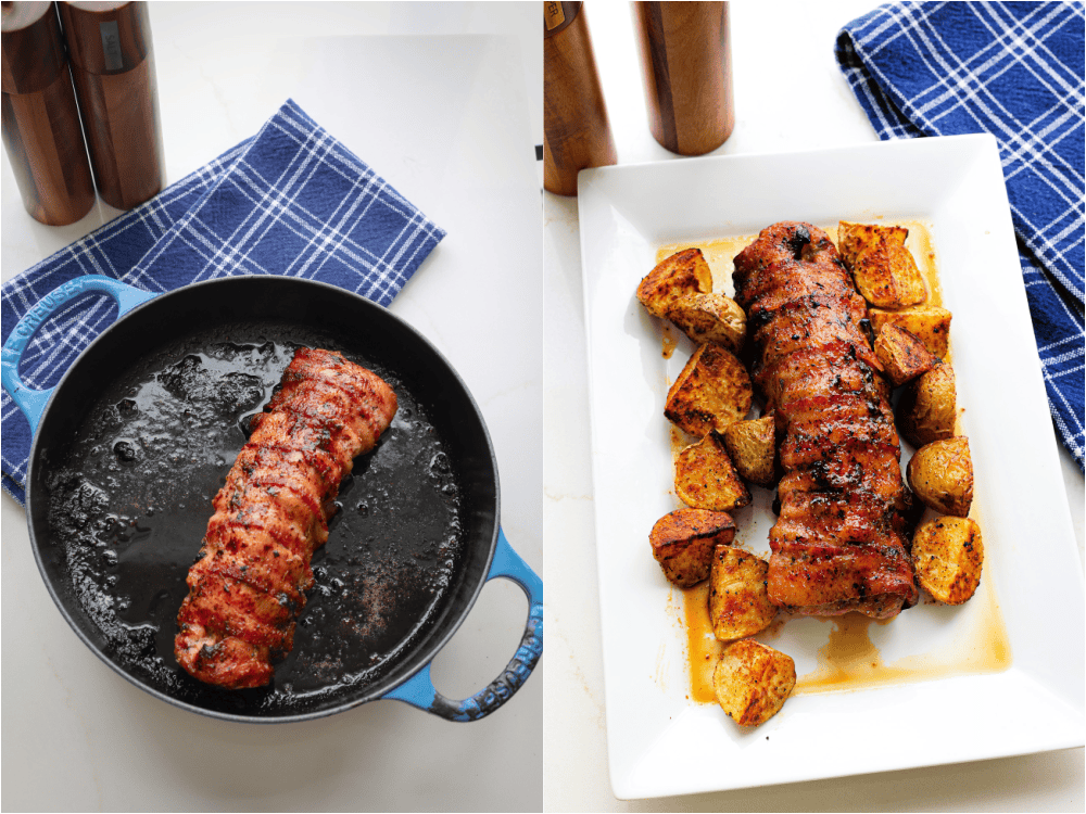 Some of the steps to making bacon wrapped pork tenderloin. Roast until the bacon browns and the pork tenderloin cooks through. 