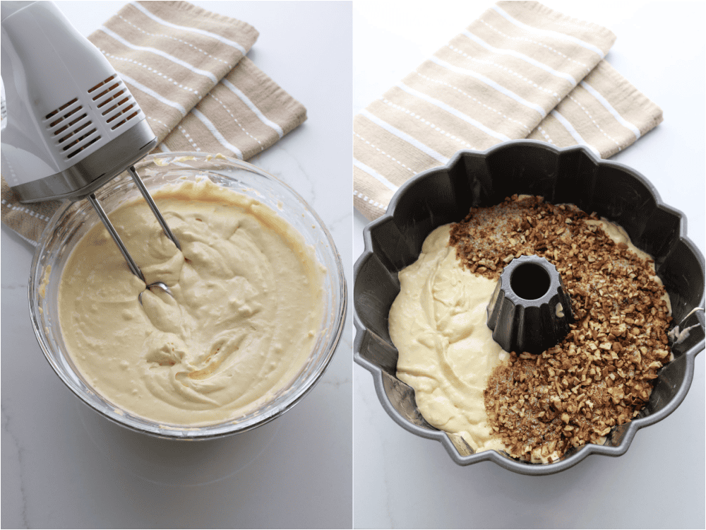Some of the steps for making Sock It To Me Cake. Beat on medium speed until combined. Grease and flour a twelve-cup bundt pan. Pour in ⅔ of the mixed cake batter into the pan. Spoon the streusel into the center all the way around the cake. Pour the rest of the batter over the top.