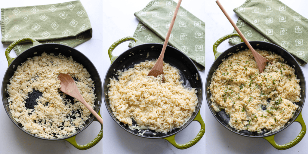 Some of the steps to making Parmesan risotto. Add the Arborio rice and cook just until it starts to brown lightly, stirring constantly. Stir in the warmed stock a little bit at a time. Add the Parmesan cheese, season with salt and freshly ground black pepper to taste. Sprinkle with chopped fresh parsley.