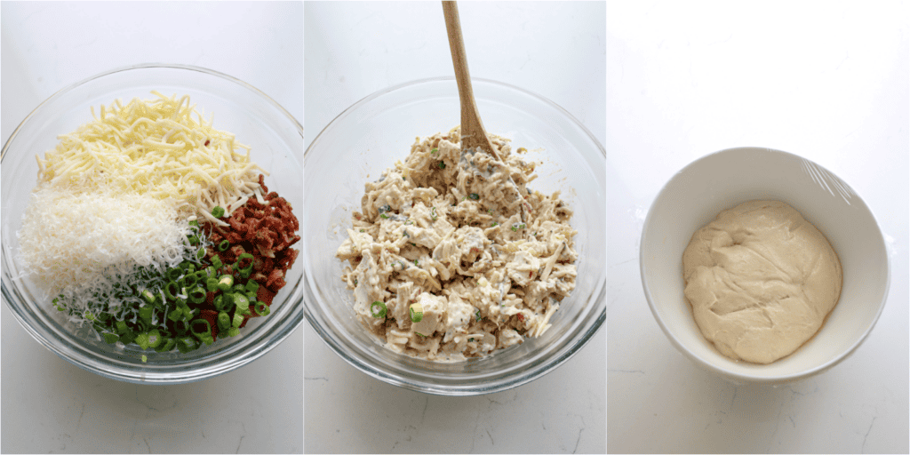 Some of the steps to making Costco chicken bake. Combine the chicken, bacon, mozzarella, provolone, Parmesan, green onions, and Caesar dressing.  Remove the dough from the refrigerator and warm to room temperature. 