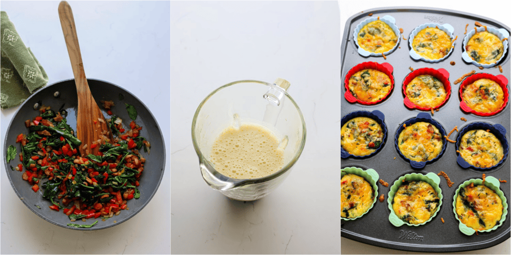 Some of the steps to making egg bites. Brown the bacon in a large skillet over medium-low heat. When the bacon is almost completely browned, add the onion and bell pepper. Cook until the onion and bell pepper are soft. Add the spinach and cook until it wilts. Pulse the eggs, cottage cheese, salt, and black pepper in a blender just until blended. Cook until set. 