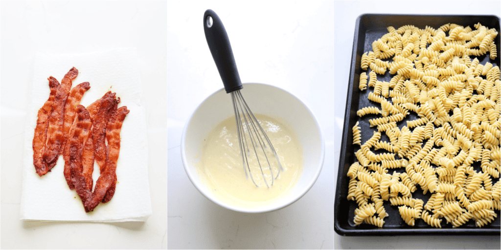 Some of the steps to making broccoli pasta salad. Cook the bacon crispy. Once cooled, chop the bacon. Whisk the mayo, apple cider vinegar, and granulated sugar. Season with salt and black pepper to taste. Cook the pasta al dente and drain well.