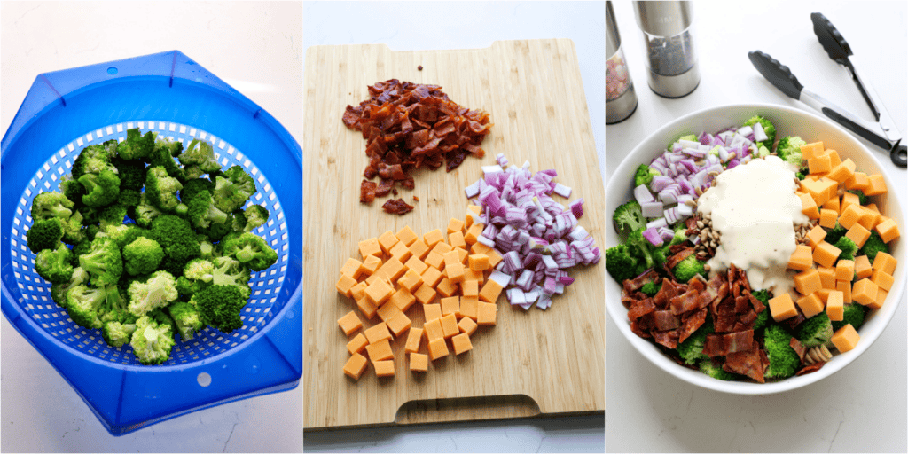 Some of the steps to making broccoli pasta salad. Combine the drained pasta, blanched broccoli, chopped bacon, chopped red onion, cubed cheddar, and sunflower seeds in a large serving bowl. Drizzle with dressing and toss to coat.
