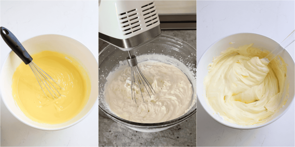 Some of the steps for making chocolate eclair cake. Whisk the dry pudding and milk together.
Using a mixer, whip the heavy cream and powdered sugar together until stiff peaks form. Fold the the whipped cream into the pudding.