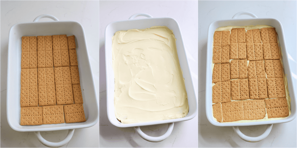 Some of the steps for making chocolate eclair cake. Layer the graham crackers and whipped pudding.