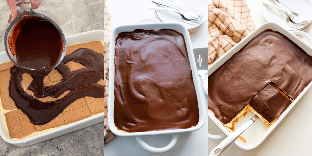 Some of the steps for making chocolate eclair cake. Warm the cream in the microwave. Add the chocolate chips to the warm cream and let it set for 5 minutes. Stir until the chocolate melts and the mixture is well blended. Pour it over the top and spread it with an offset spatula. Refrigerate the dessert overnight.
