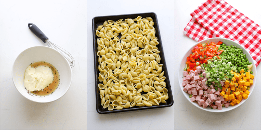 Some of the steps to making ham pasta salad. Whisk the mayo, apple cider vinegar, and granulated sugar. Season with salt and black pepper to taste. Cook the pasta al dente and drain well. Combine the drained pasta, ham, cheddar cheese, red bell pepper, baby peas, and green onions.