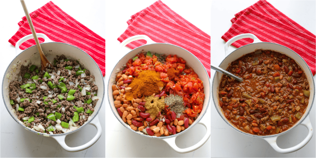Some of the steps to making cowboy chili. Brown the ground beef in a Dutch oven or large pot over medium heat. About halfway through the browning process, add the onion and cook for 3-4 minutes. Add the green bell pepper and cook until the ground beef browns and the onion and green bell pepper are soft. Reduce the heat to medium-low, then add the garlic. 
Add the kidney beans, pinto beans, Rotel tomatoes, beef broth, tomato paste, chili powder, ground cumin, smoked paprika, dried marjoram, ground cayenne, and brown sugar. Stir to combine.