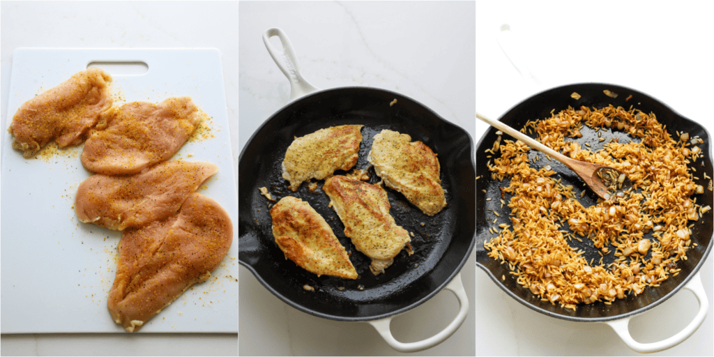 Some of the steps for making lemon chicken orzo. Season the chicken breasts with lemon pepper and brown them in a skillet. Plate the chicken. Cook the onion until it is almost soft. Reduce the heat to low and add the garlic, Italian seasonings, and orzo, cooking for a few minutes while the orzo browns.