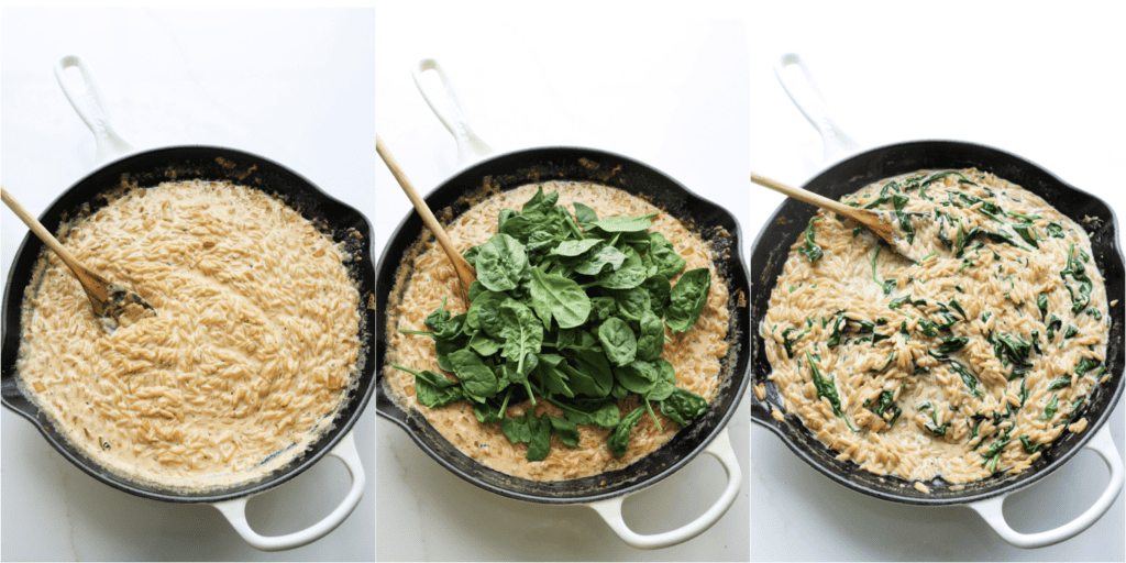 Some of the steps for making lemon chicken orzo. Stir in the chicken broth and simmer for about 5 minutes. Then, stir in the heavy cream, Dijon mustard, and lemon juice. Simmer for about 5 minutes or until the orzo is tender. Then, add the spinach and cook until wilted. Season with salt and pepper to taste.