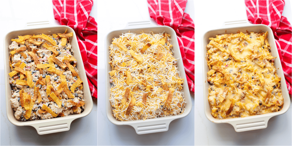 Some of the steps to making taco chicken casserole. Spread half the chicken mixture in the bottom of a casserole dish. Top with half the fried tortilla strips. Spread the remaining chicken mixture over the top. Sprinkle with the remaining tortilla strips and remaining cheese. Bake until the cheese melts, and the casserole is warmed through. Top with halved cherry tomatoes, avocado, and cilantro.