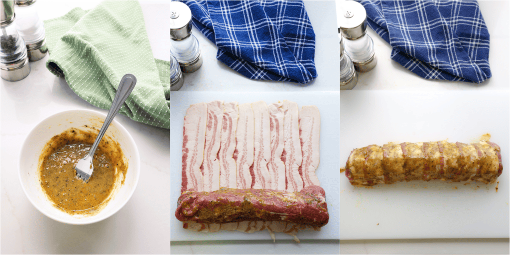 Some of the steps to making bacon wrapped pork tenderloin. Mix the honey, light brown sugar, thyme, onion powder, garlic powder, salt, black pepper, and mustard. 

Using a spoon or a brush, slather half of the glaze over the pork tenderloin. Roll the tenderloin up in the bacon. Slather the remaining glaze over the bacon.