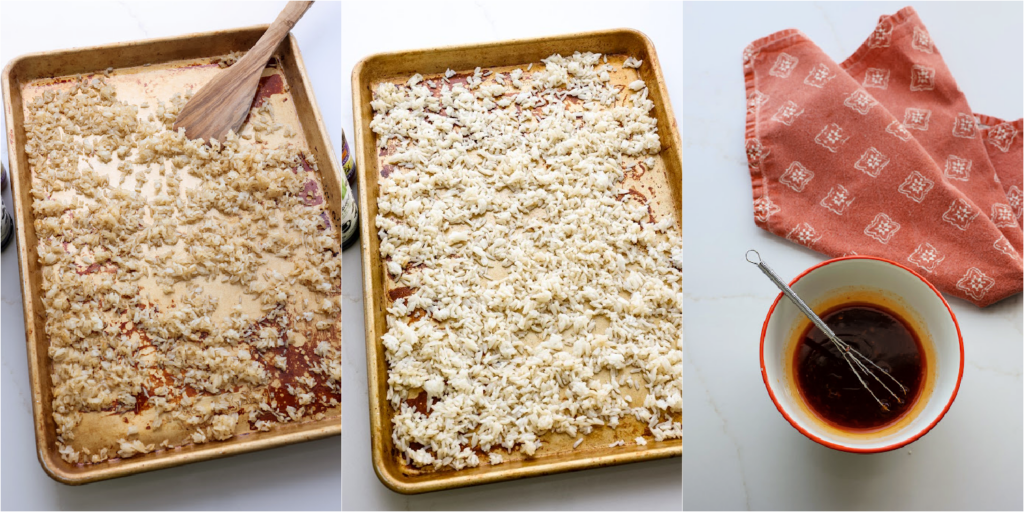 Some of the steps to make crispy rice salad. Drizzle the rice with sesame oil and soy sauce. Use your hands to massage the oil and soy sauce into the rice, separating the kernels. Spread it over a baking sheet and bake until crispy. Whisk the sesame ginger dressing ingredients together.