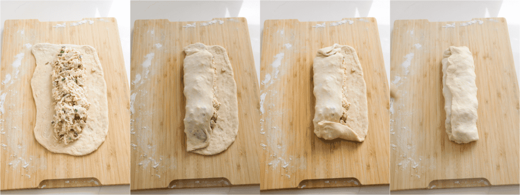 Some of the steps to making Costco chicken bake. Cut the pizza dough into thirds. Work the dough into a 10x6-inch rectangle. Spoon about ⅓ of the chicken mixture down the length of the dough. Roll it up like a burrito. 