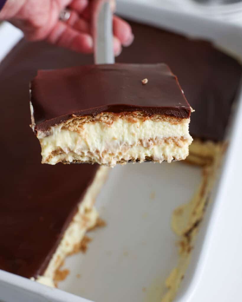 A close up view of chocolate eclair cake on a dessert spatula. 