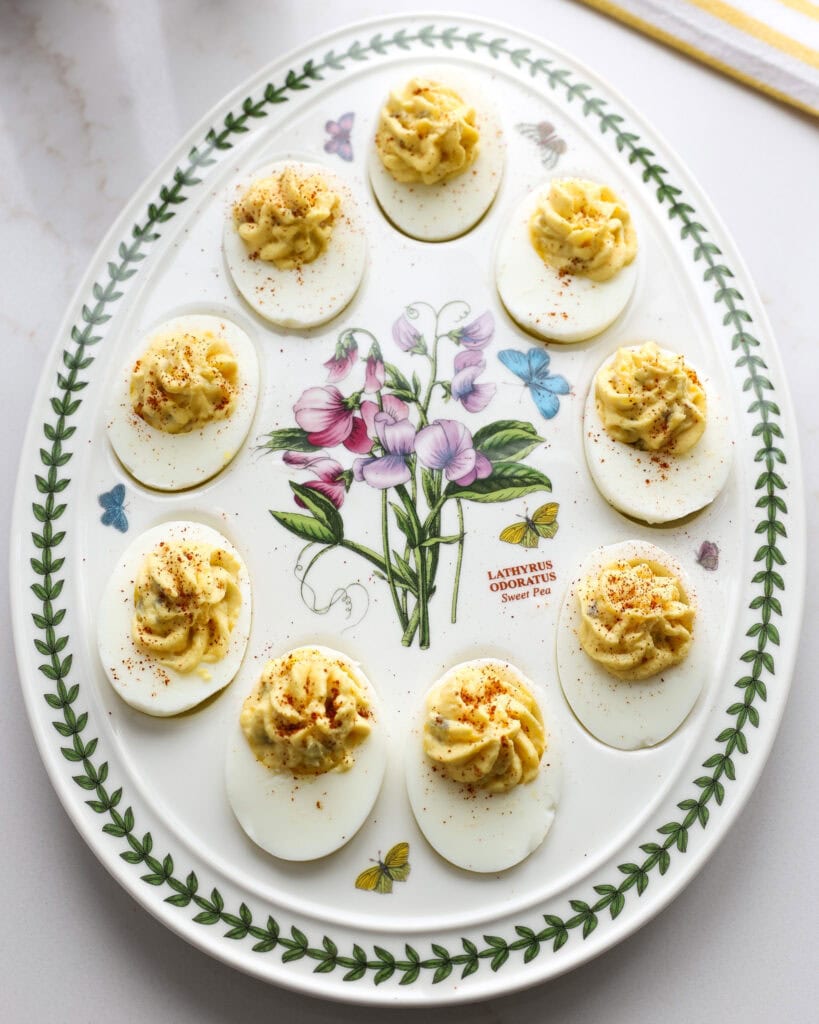 An egg dish full of Southern deviled eggs. 