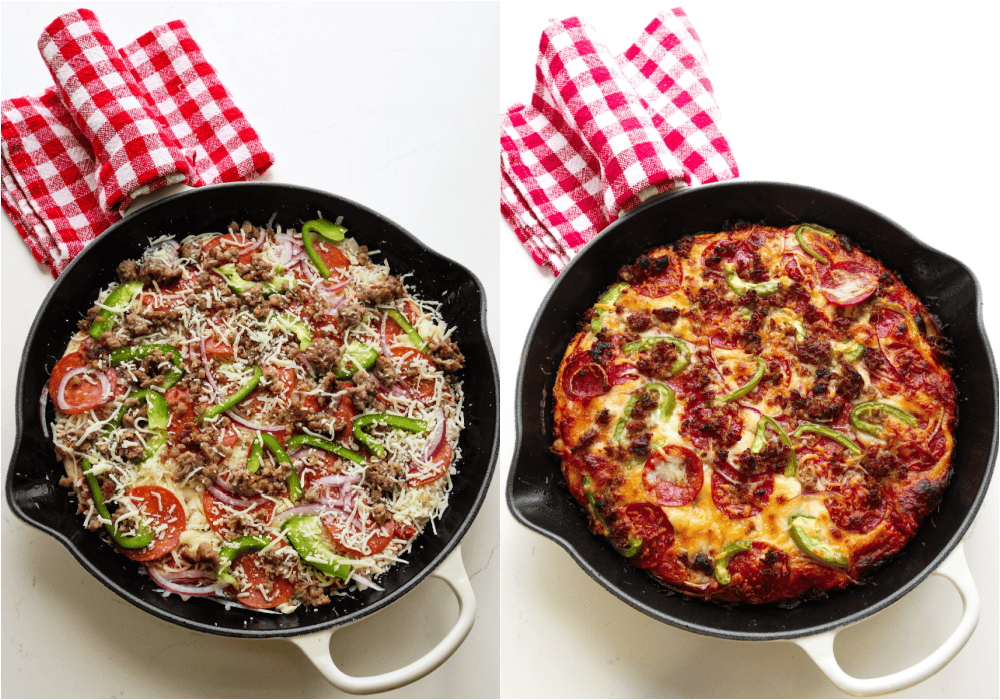 Some of the steps for making a cast iron skillet pizza. Add your favorite toppings and a light sprinkle of mozzarella cheese.
Bake for 18-20 minutes or until the crust is golden brown.