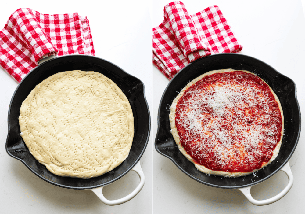 Some of the steps for making a cast iron skillet pizza. Pat out the pizza dough in the cast-iron skillet. Dock the pizza with a fork.
Spread the pizza sauce, sprinkle with oregano, and top with Parmesan