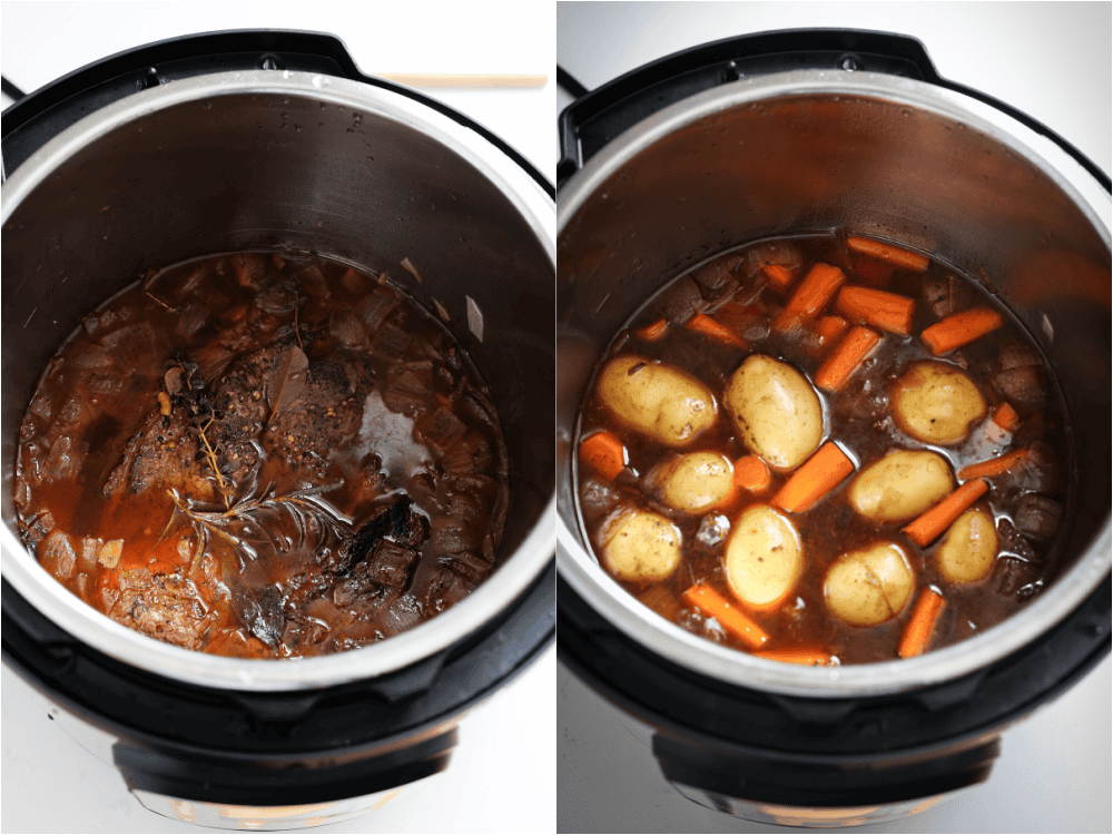 Some of steps to making instant pot pot roast. Place the browned chuck roast on top of the onions. Add the red wine, beef broth, Worcestershire sauce, and tomato paste. Top the roast with the fresh herbs and bay leaves. Seal and cook on high pressure for 45 minutes. Slow-release for 10 minutes, then quick-release to remove any pressure. Add the potatoes and carrots. Seal and cook on high pressure for 8 minutes, then quick-release.