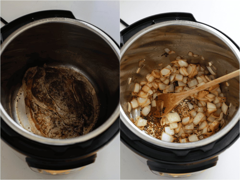 Some of steps to making instant pot pot roast. Season the roast with salt and black pepper. Brown the chuck roast in a little oil and plate it. Sauté the onions and garlic.