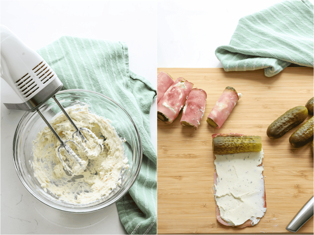 Some of the steps to making pickle roll ups. Beat the cream cheese, garlic powder, onion powder, and fresh dill. Cut the ham to fit the size of the pickle. Dry the ham with paper towels. Using a spatula, spread the cream cheese over the ham.