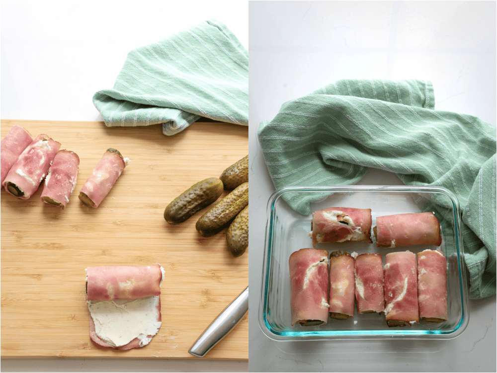 Some of the steps to making pickle roll ups. Beat the cream cheese, garlic powder, onion powder, and fresh dill. Roll the pickle up in ham and place them seam side down. Refrigerate for at least 2 hours up to overnight.