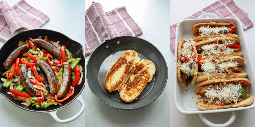 Some of the steps to making Italian Sausage Sandwiches. Butter the buns and toast them in a skillet. Assemble the sandwiches by adding a sausage to each toasted bun, then layer with the marinara sauce, cooked bell peppers and onions, and shredded mozzarella.