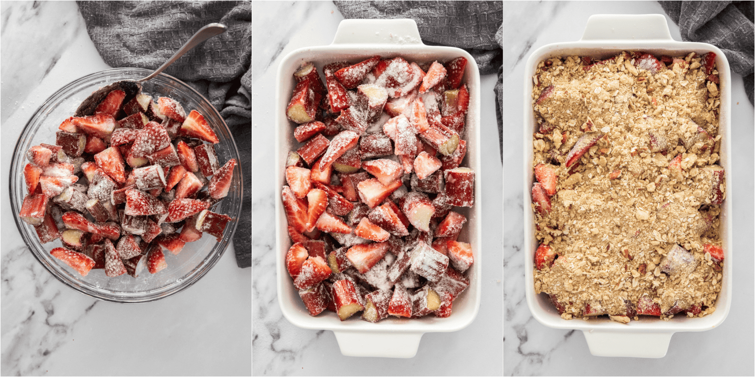 Some of the steps for making strawberry rhubarb crisp. In a large bowl, mix strawberries, rhubarb, flour, sugar, and salt. Spoon into a baking dish.
In a medium bowl, combine brown sugar, remaining flour, softened butter, rolled oats, and cinnamon. Using a pastry knife or fork, cut in the butter until the mixture is crumbly. Stir in the chopped pecans. Sprinkle over the strawberry-rhubarb mixture.