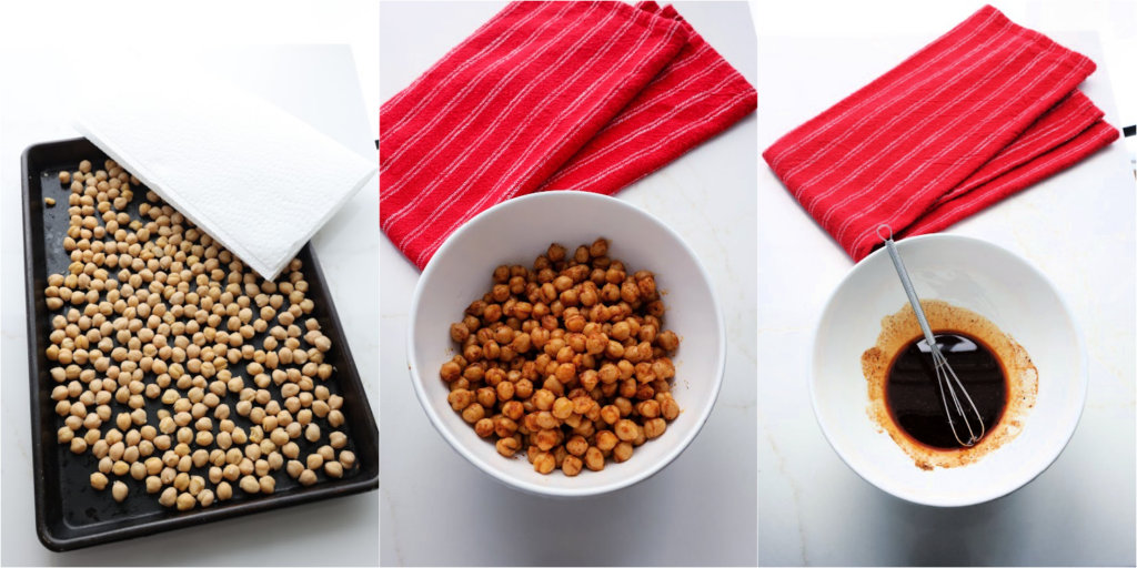 Some of the steps to making chickpeas. Dry the chickpeas with paper towels. Whisk the olive oil, smoked paprika, cumin, salt, garlic powder, onion powder, and black pepper. Add the chickpeas to the mixture and gently stir to coat.