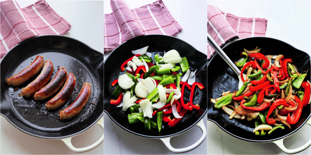 Some of the steps to making Italian Sausage Sandwiches. Brown the sausage in a skillet over medium heat. Plate the sausages and cover to keep warm. Add the bell pepper and onions. Cook the onions and bell peppers until soft and lightly browned on the edges.