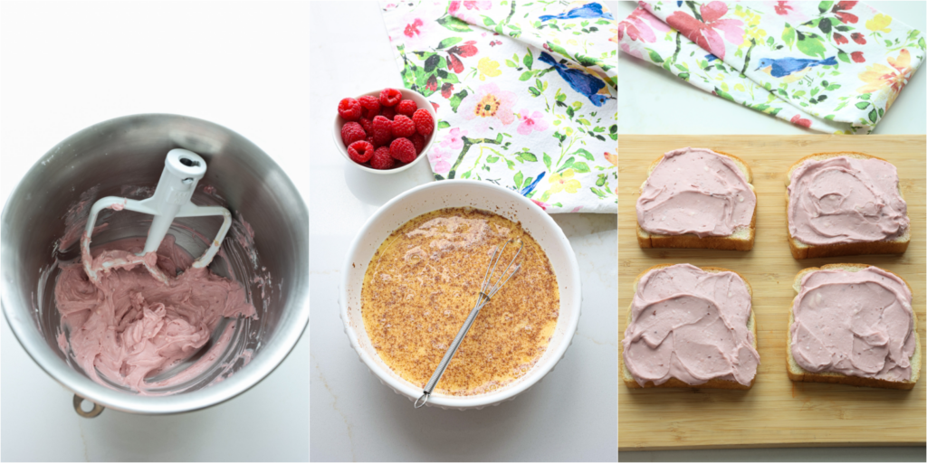 Some of the steps top making cream cheese stuffed French toast. Beat the cream cheese, raspberry jam, powdered sugar, and vanilla extract. Whisk the eggs, milk, cinnamon, nutmeg, and vanilla extract. Spread the cream cheese over four slices of Texas toast and top each with a slice of bread.