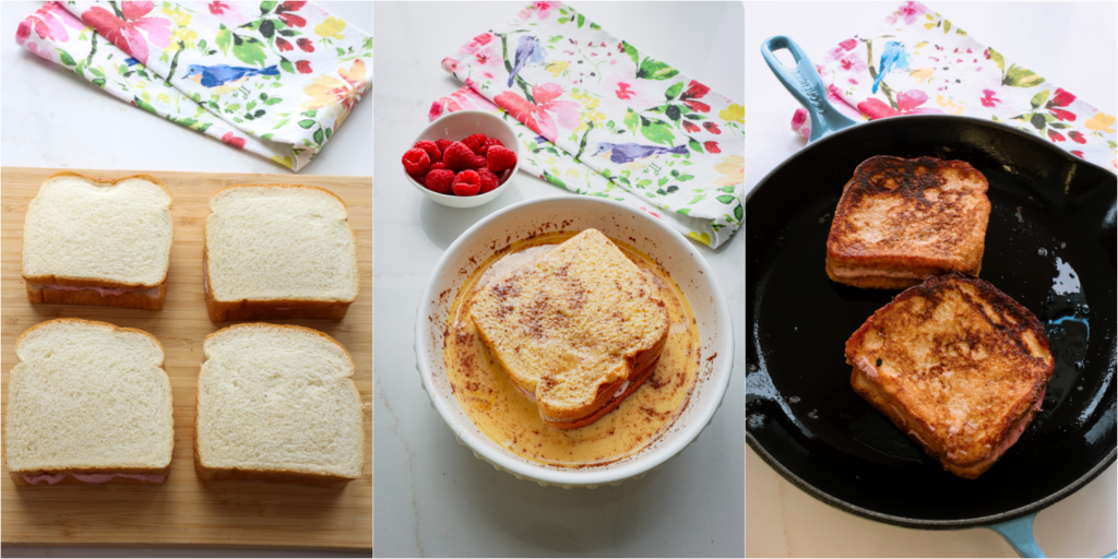 Some of the steps top making cream cheese stuffed French toast. Dip both sides of the bread in the egg mixture. Fry in a little hot oil and melted butter until golden brown on both sides.