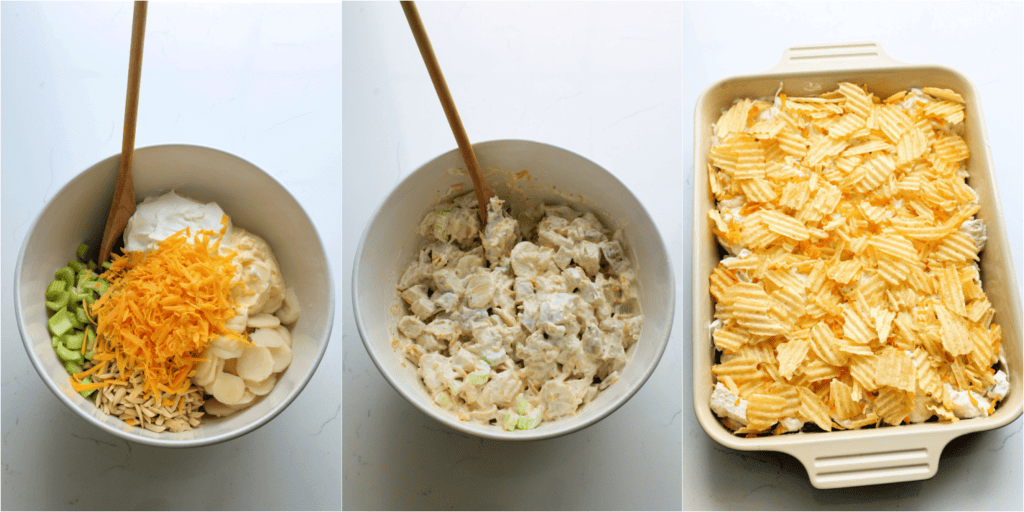 Some of the steps to making hot chicken salad. Combine the chicken, almonds, water chestnuts, celery, lemon juice, mayo, sour cream, ¾ cup cheddar cheese, salt, and black pepper in a bowl. Spread it in a greased baking dish. Top the remaining cheddar and crushed potato chips.