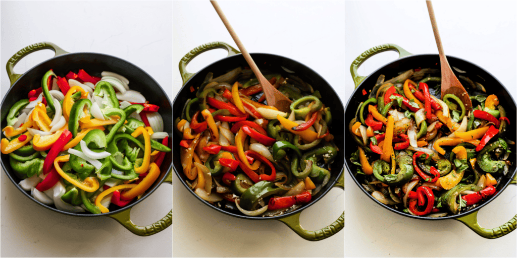 Some of the steps to making sauteed peppers and onions. Heat the oil in a large skillet over medium-high heat. Add the peppers and onions. Cook until lightly charred and crisp-tender. Reduce the heat to low and add the garlic and fresh herbs.
