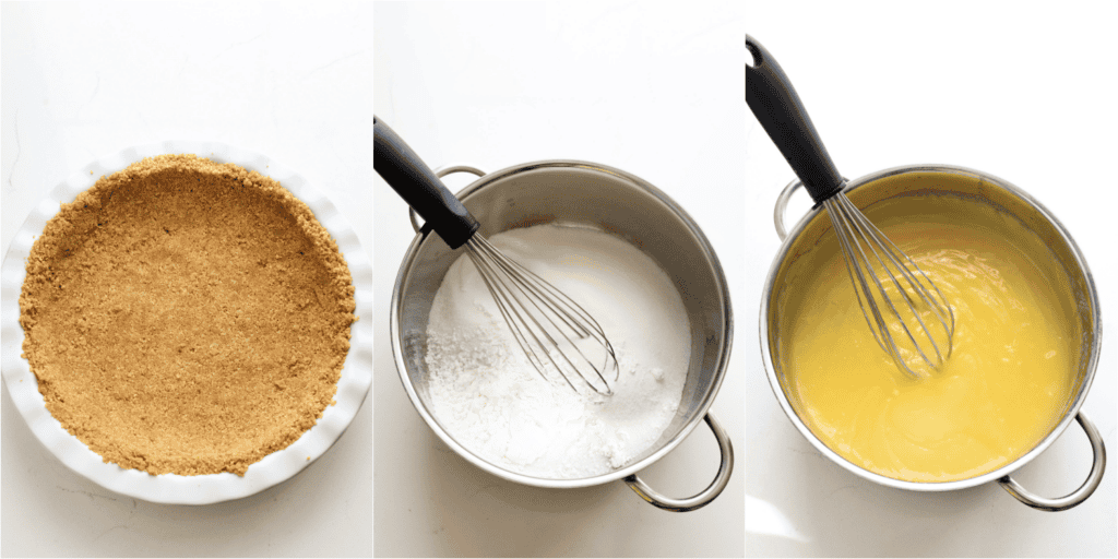 Some of the steps to making lemon cream pie. Stir the graham cracker crumbs, sugar, and melted butter. Then press it into the bottom and up the sides of a pie pan. Bake for about 8 minutes.
Whisk the granulated sugar, cornstarch, and salt together. Whisk in the lemon juice, lemon zest, and milk. Cook over medium-low heat until thickened. Temper the eggs. Then, slowly whisk the egg yolk mixture into the pudding mixture on the stove, cooking for 2-3 minutes.