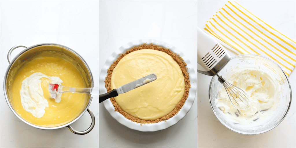 Some of the steps to making lemon cream pie. Fold in the butter and sour cream. Pour the pudding into the cooled pie crust. Refrigerate at least 4 hours.
Beat the whipped cream and powdered sugar until stiff peaks form.