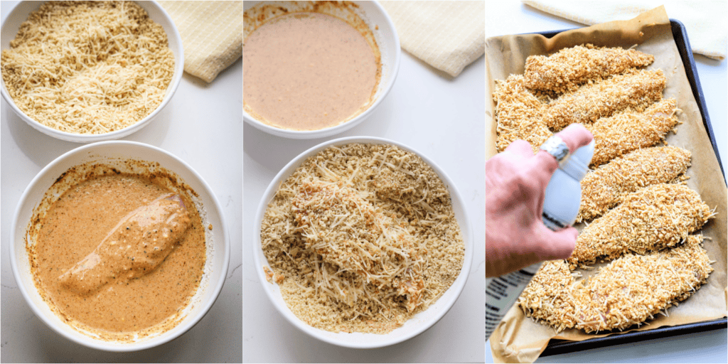 Some of the steps for making oven baked chicken tenders. Dip the chicken tenders in the batter and then in the panko breadcrumb mixture. Place the tenders in a single layer on a parchment-paper-covered baking sheet. Spray lightly with oil.