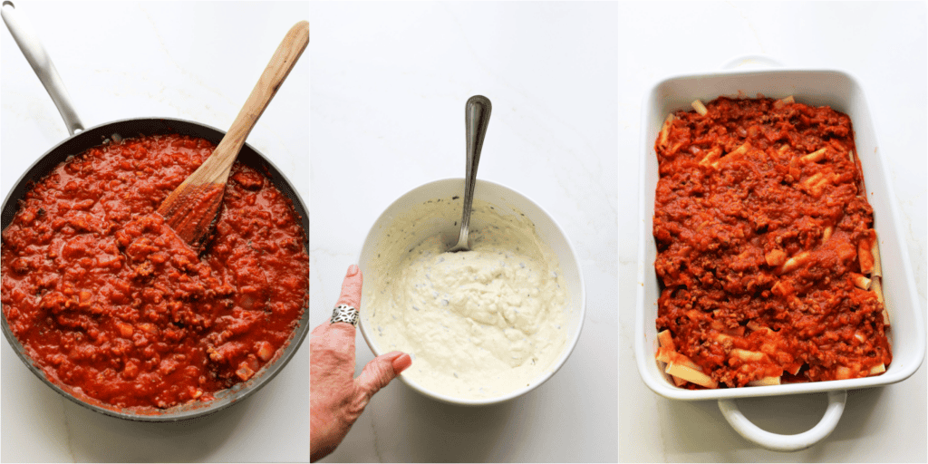 In a large skillet over medium-high heat, brown the ground Italian sausage. Add the chopped onion and cook until the sausage browns. Reduce the heat, add garlic, dried oregano, and basil, and cook for a minute. Drain any excess grease and add the marinara. Simmer for 10 minutes. In a medium bowl, mix the ricotta, Parmesan, ½ cup mozzarella, parsley, black pepper, and egg. In a large baking dish, spread a thin layer of the sauce, top with half the ziti pasta, then half the sauce