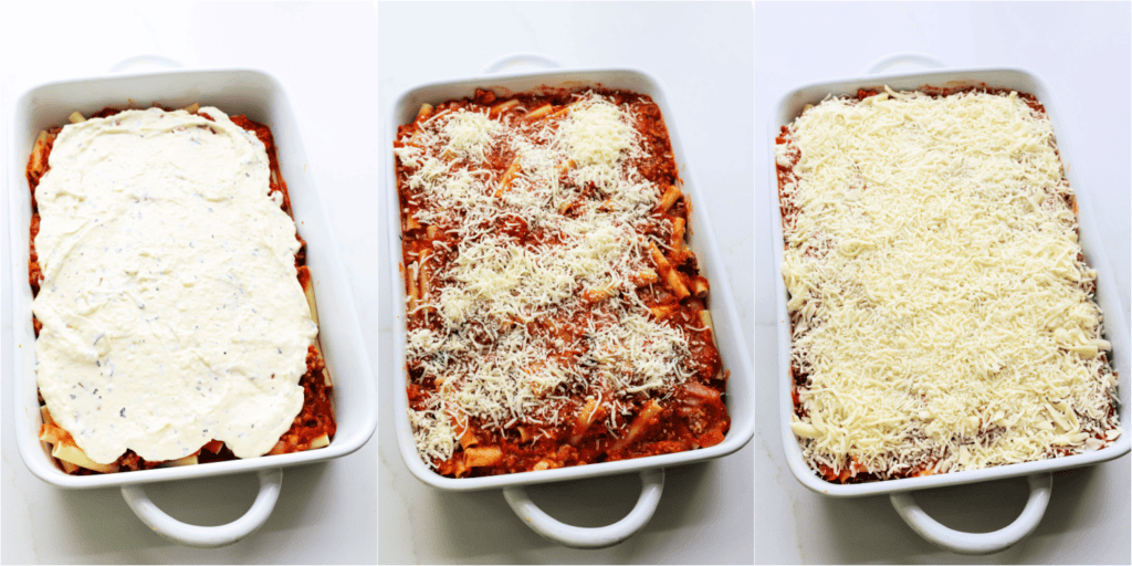 Top with the ricotta mixture, then the remaining pasta and the rest of the sauce, and sprinkle with the remaining mozzarella.